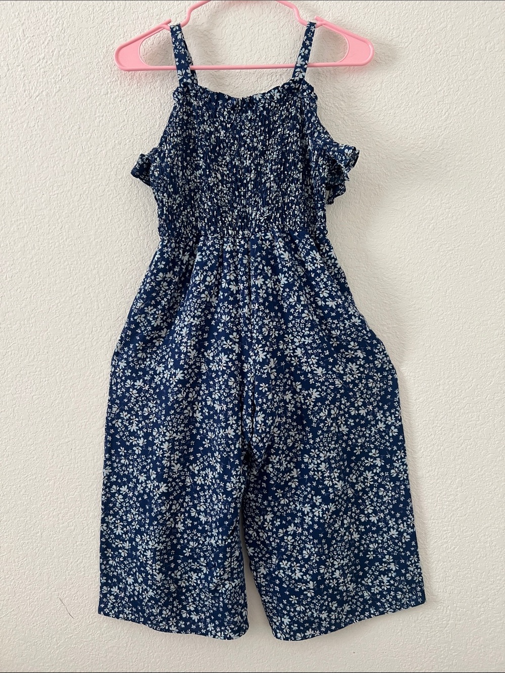 Girls Navy Floral Smocked Romper - Kids Jumpsuit